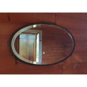 Beveled Oval Mirror With Bronze Frame - 19th Century