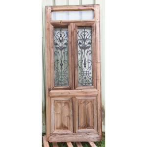 Pine Entrance Door With Opening Windows, Cast Iron Grilles And Transom - Late 19th Century