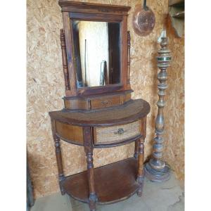 Elegant Rounded Dressing Table In Pine And Rattan - 20th Century