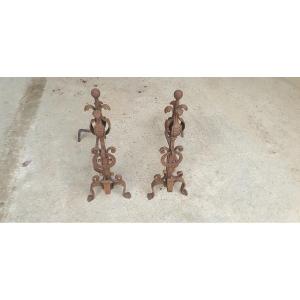 Delicate Pair Of Wrought Iron Andirons With Refined Ornamentation - 20th Century