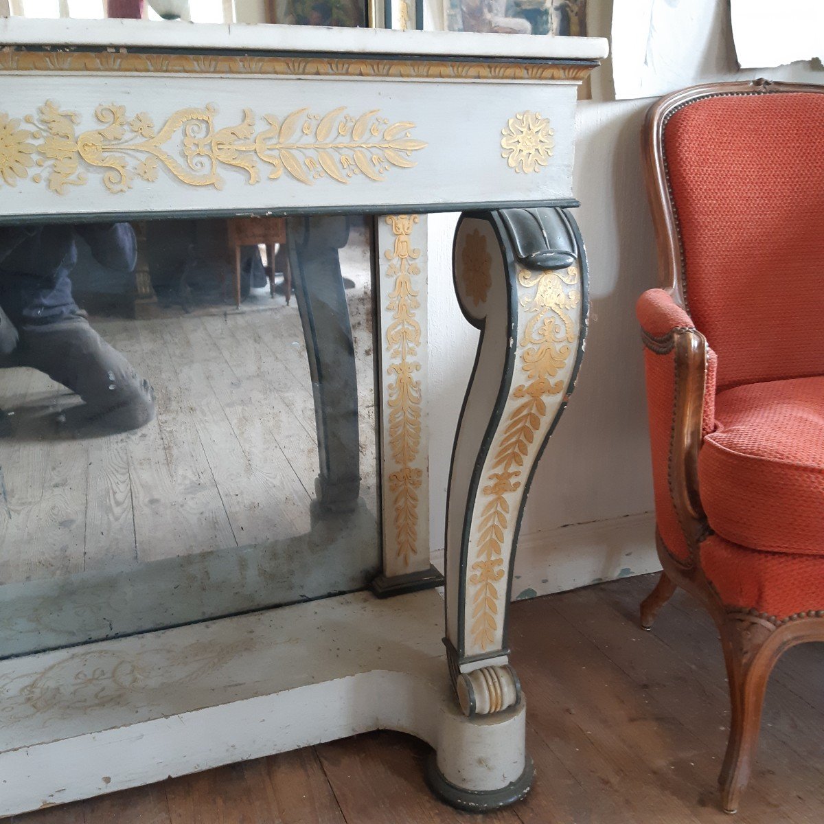 Ensemble Console Et Son Miroir En Bois Laqué Et Doré -photo-2