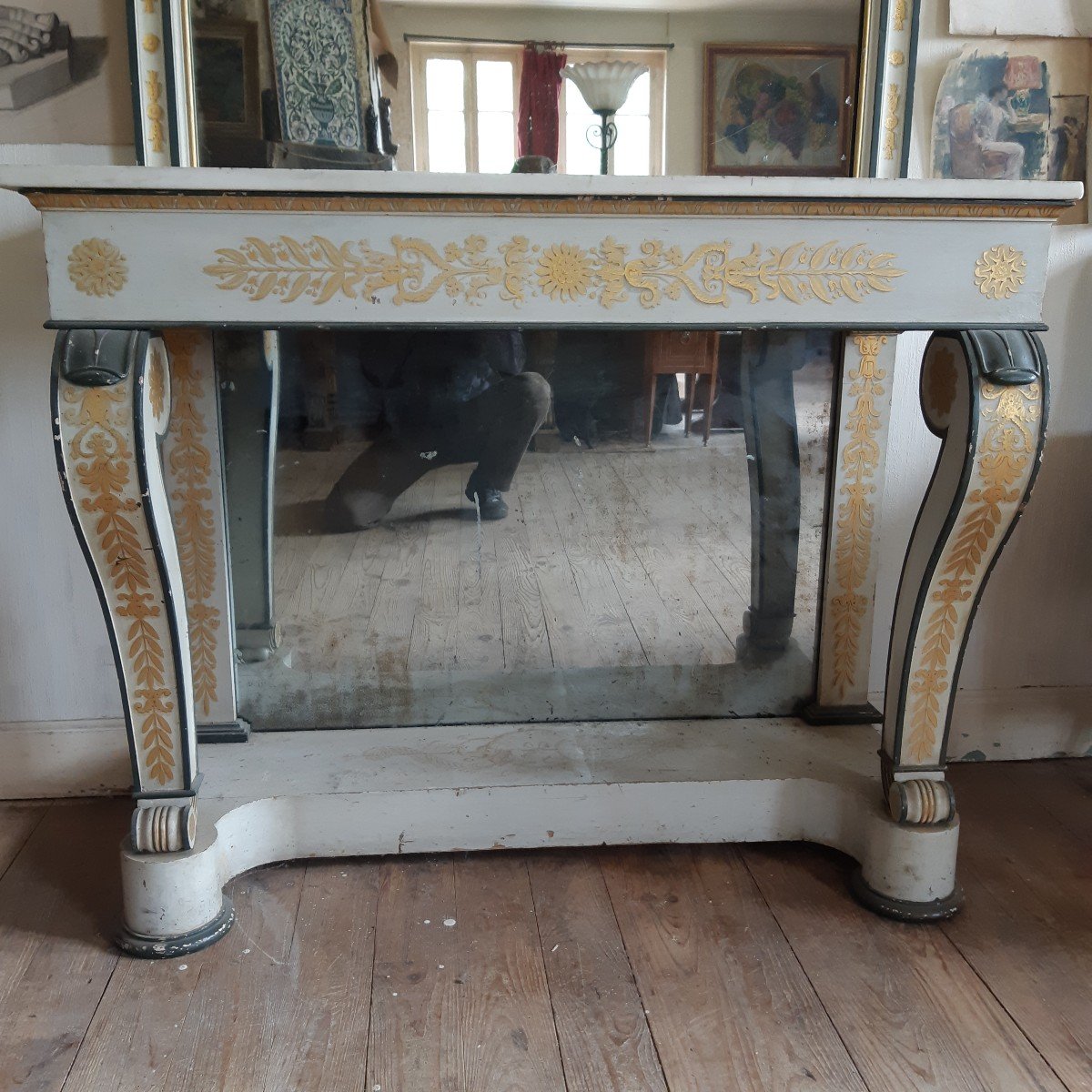 Ensemble Console Et Son Miroir En Bois Laqué Et Doré -photo-4