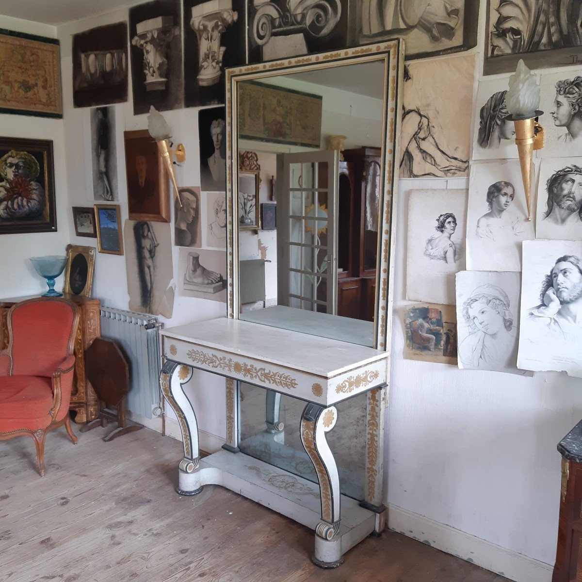 Ensemble Console Et Son Miroir En Bois Laqué Et Doré -photo-1