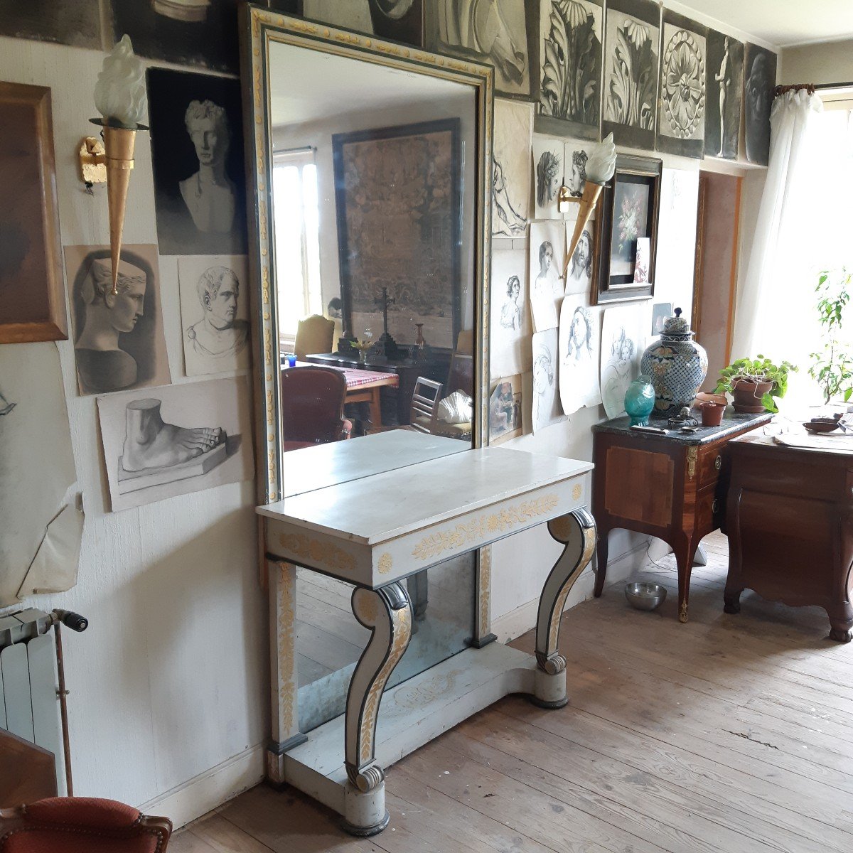 Ensemble Console Et Son Miroir En Bois Laqué Et Doré -photo-2