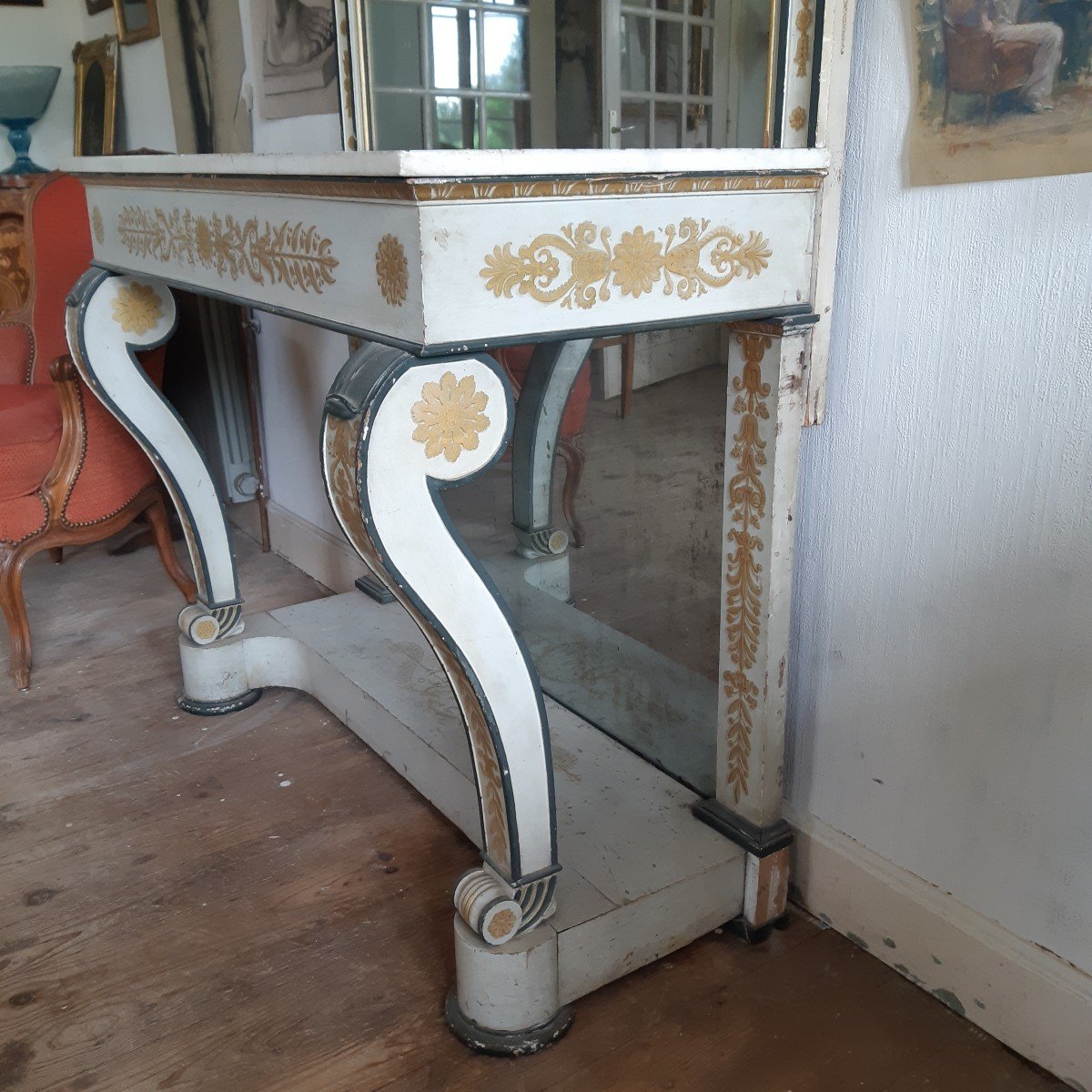 Ensemble Console Et Son Miroir En Bois Laqué Et Doré -photo-5