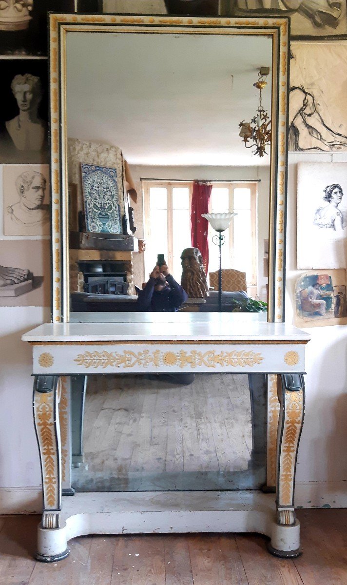 Ensemble Console Et Son Miroir En Bois Laqué Et Doré 