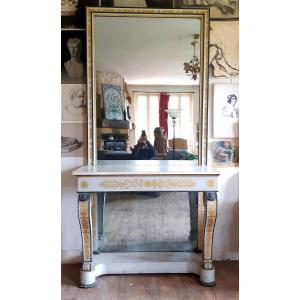 Ensemble Console Et Son Miroir En Bois Laqué Et Doré 