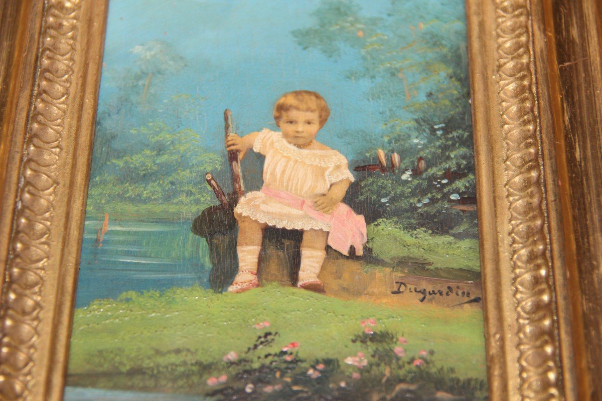 Huile Sur Panneau  portrait d 'enfant au bord d 'un étang-photo-2