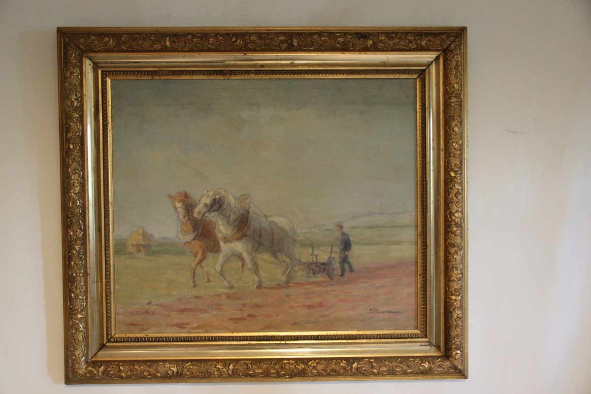 Oil On Canvas "plowing Scene" J. Comerre