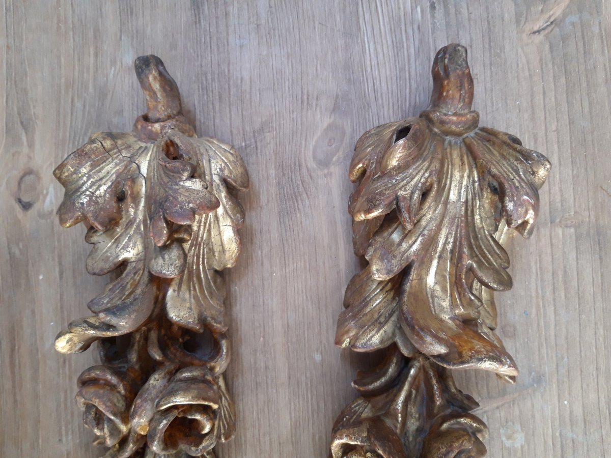 Pair Of Golden Carved Wood Ornaments-photo-2