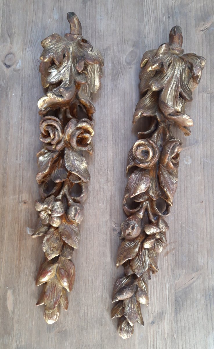 Pair Of Golden Carved Wood Ornaments