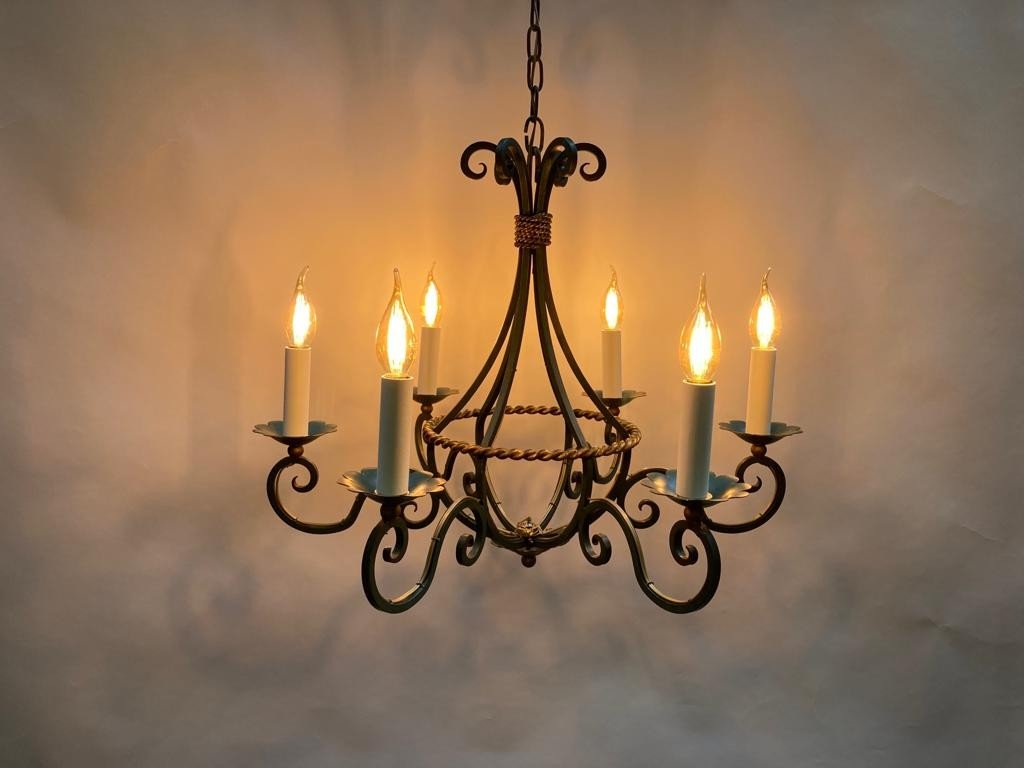 Small Wrought Iron Chandelier, Early 20th-photo-7