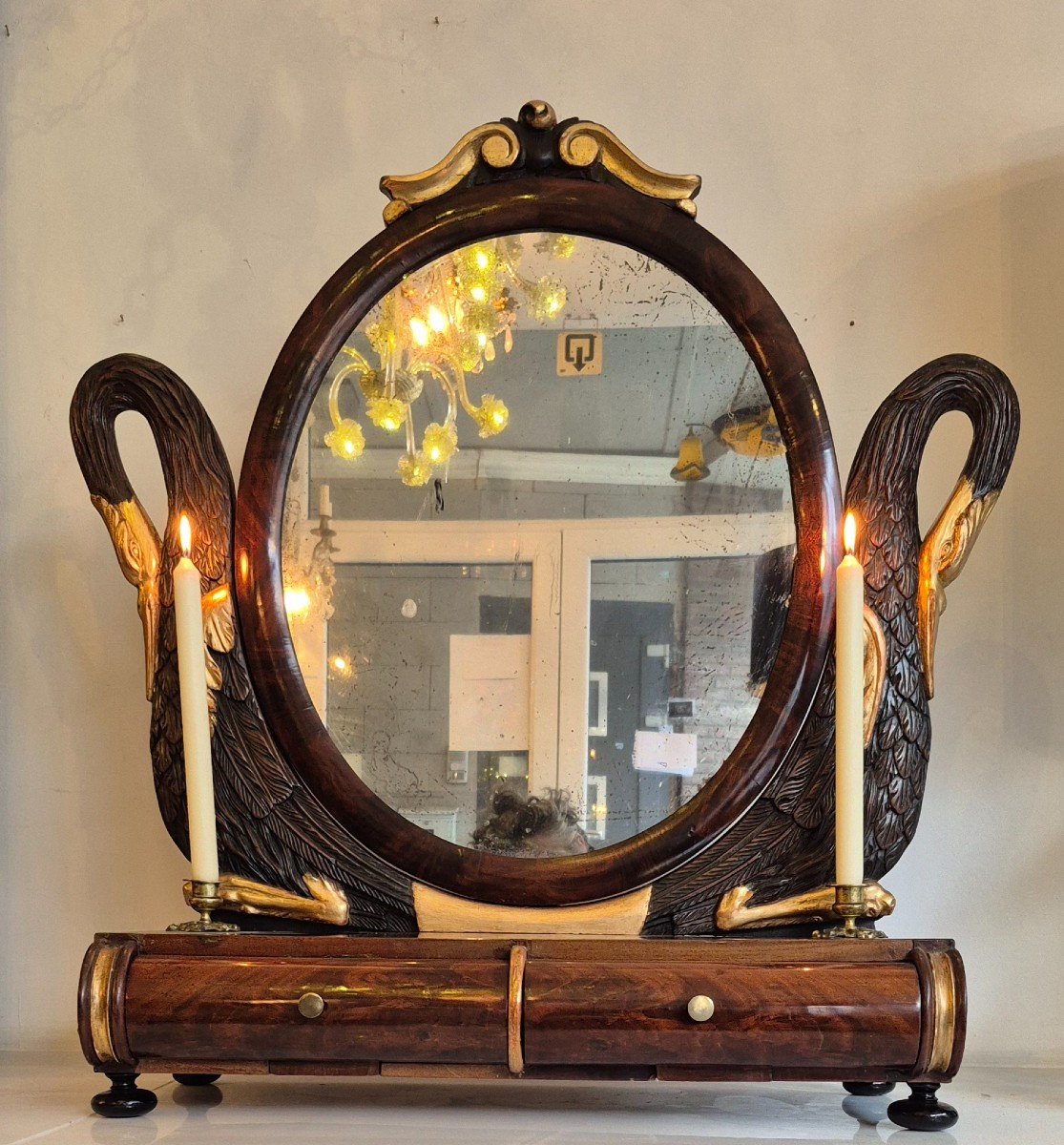 Mahogany Dressing Table, Swan Ornament And Bronze Bojour