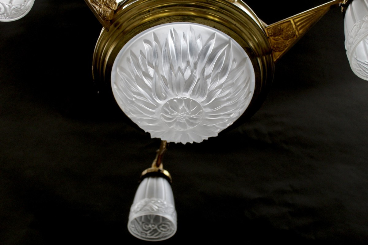 Lustre Art Deco, Bronze Et Verre-photo-4