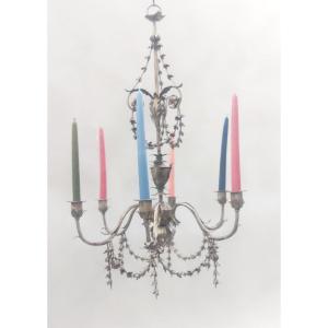 Chandelier In Silver Tole, Italy Circa 1950