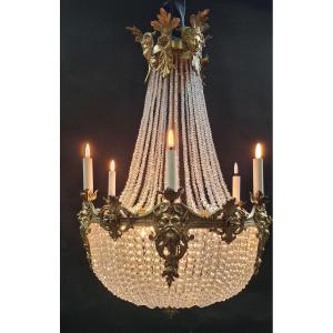 Lustre , Sac à Perles, Bronze, France Vers 1900