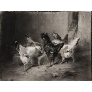 Chickens Charcoal & White Chalk E. Cottin