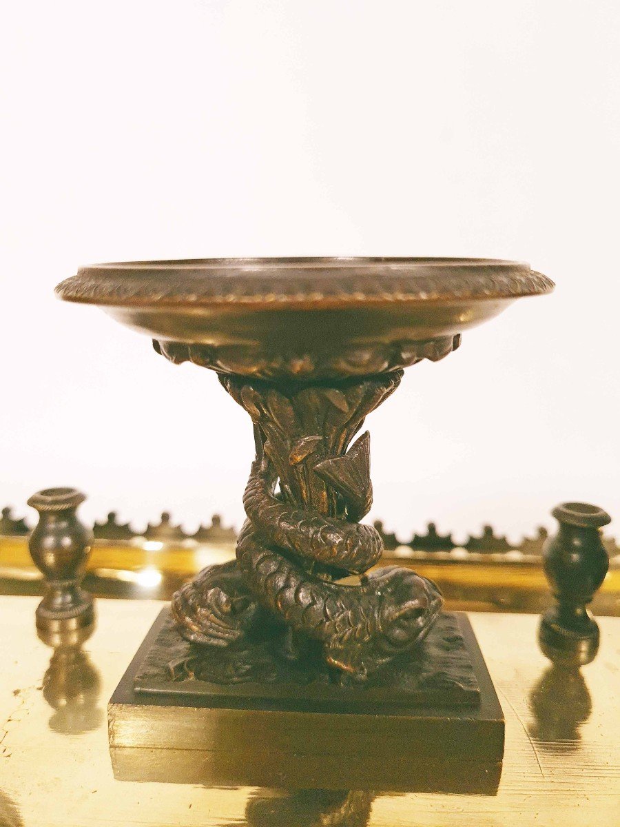 Important Writing Inkwell With Dolphins "in Bronze Restoration Period-photo-2