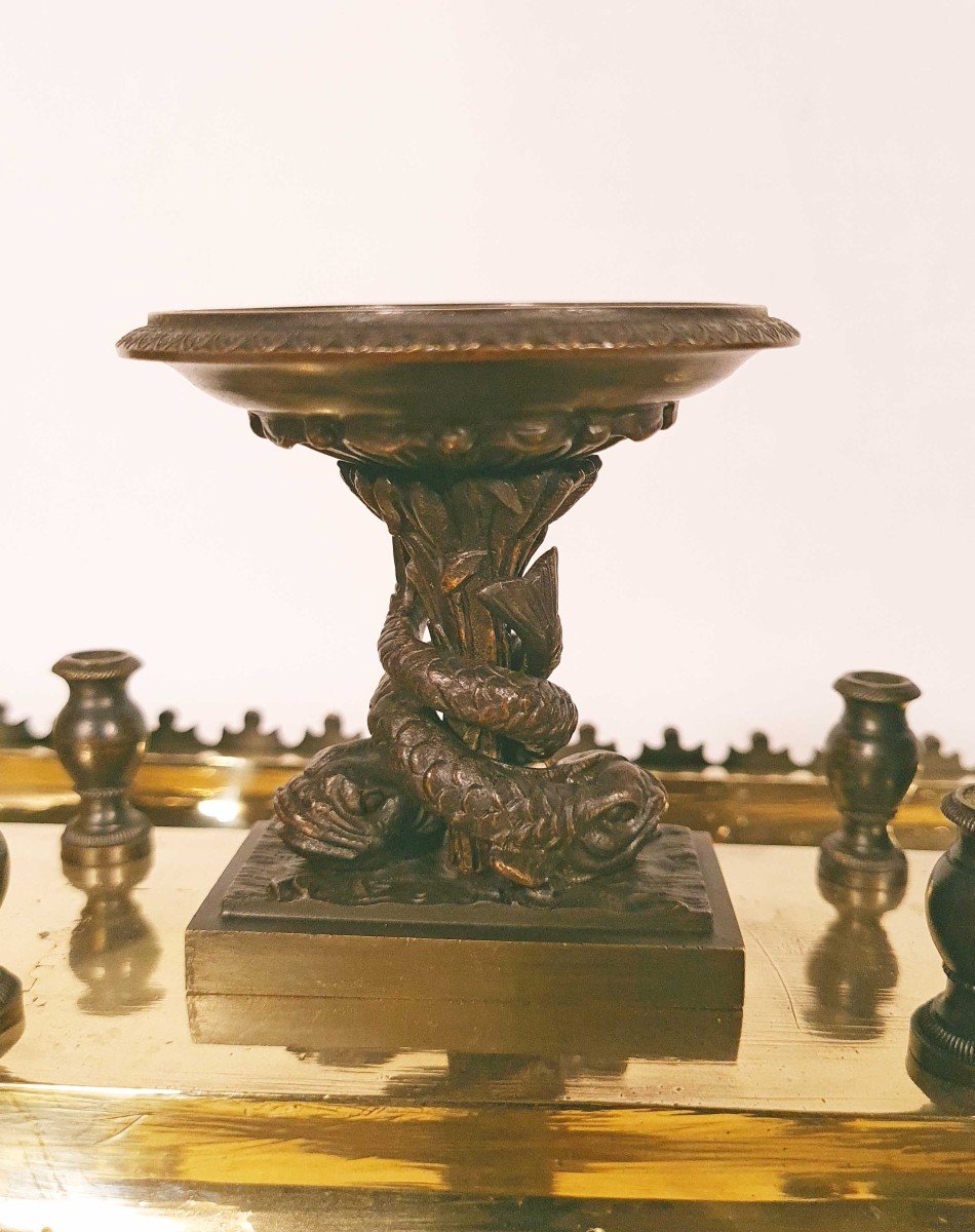 Important Writing Inkwell With Dolphins "in Bronze Restoration Period-photo-4