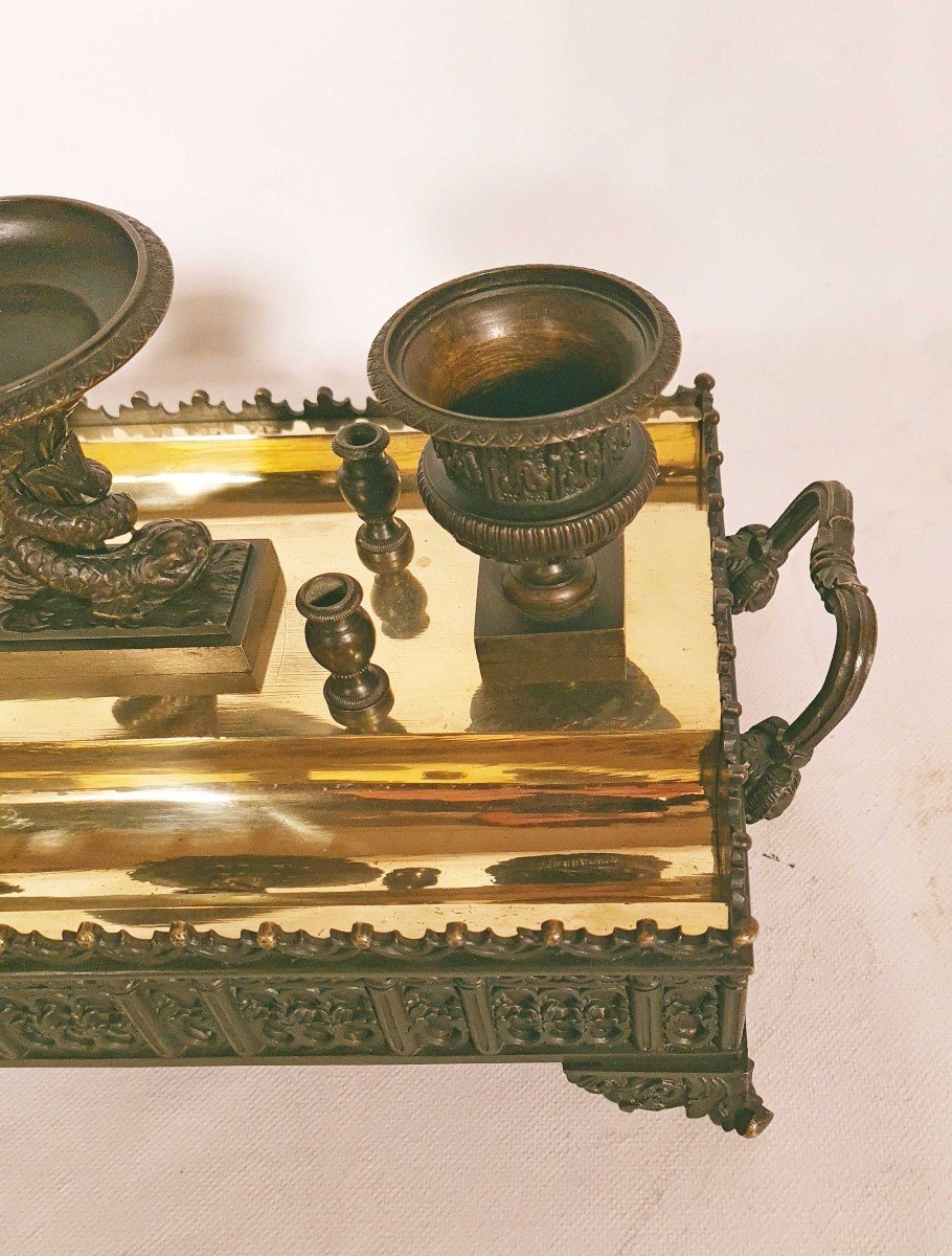 Important Writing Inkwell With Dolphins "in Bronze Restoration Period-photo-8