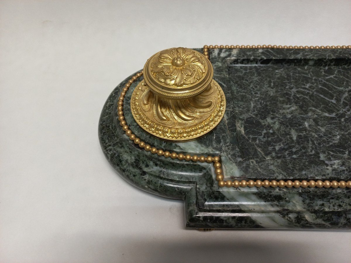 Important Inkwell Gilt Bronze And Green Marble Nineteenth L 54 Cm-photo-4