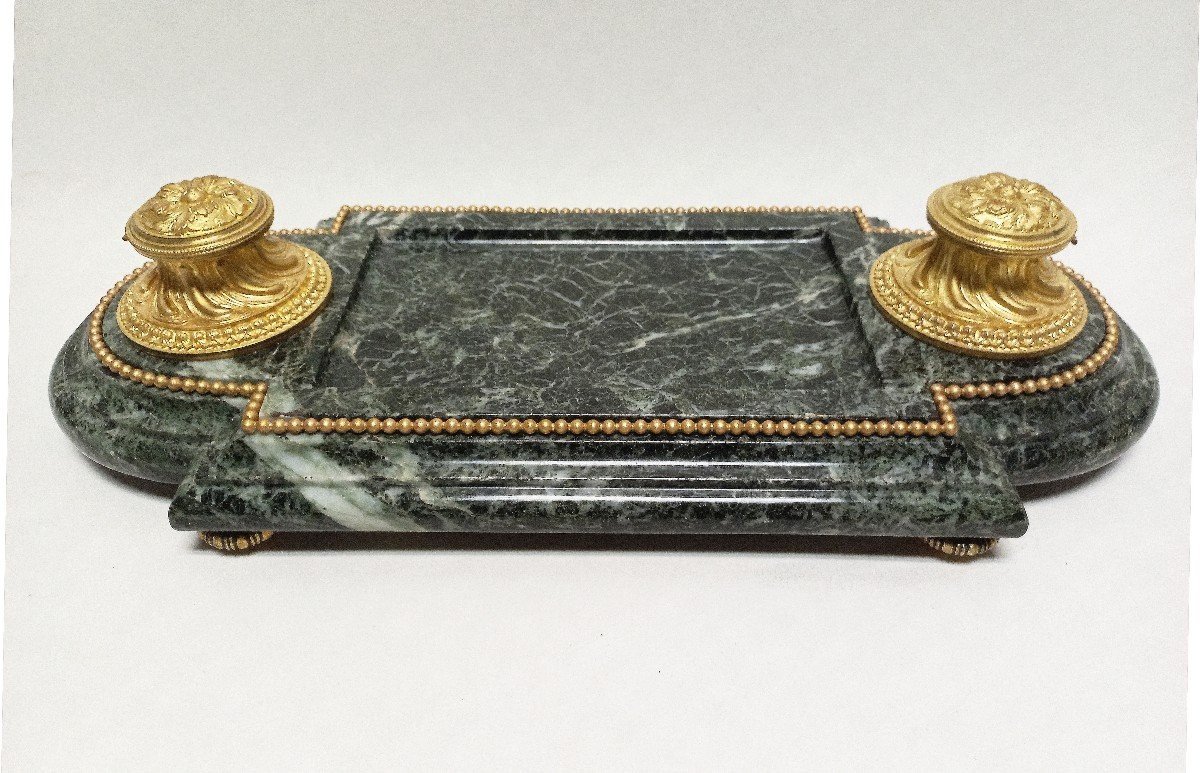 Important Inkwell Gilt Bronze And Green Marble Nineteenth L 54 Cm