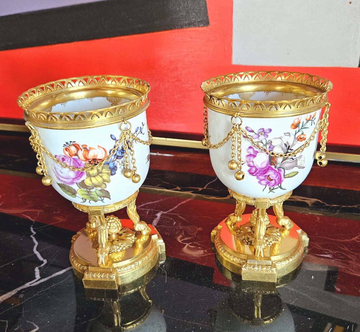 Small Meissen Porcelain Vases Early 19th Century Gilt Bronze Frame Signed Boin-taburet Paris-photo-2