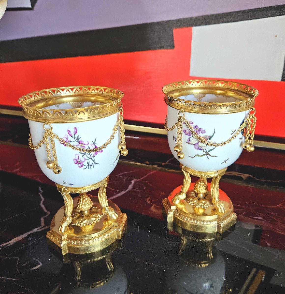 Small Meissen Porcelain Vases Early 19th Century Gilt Bronze Frame Signed Boin-taburet Paris-photo-3