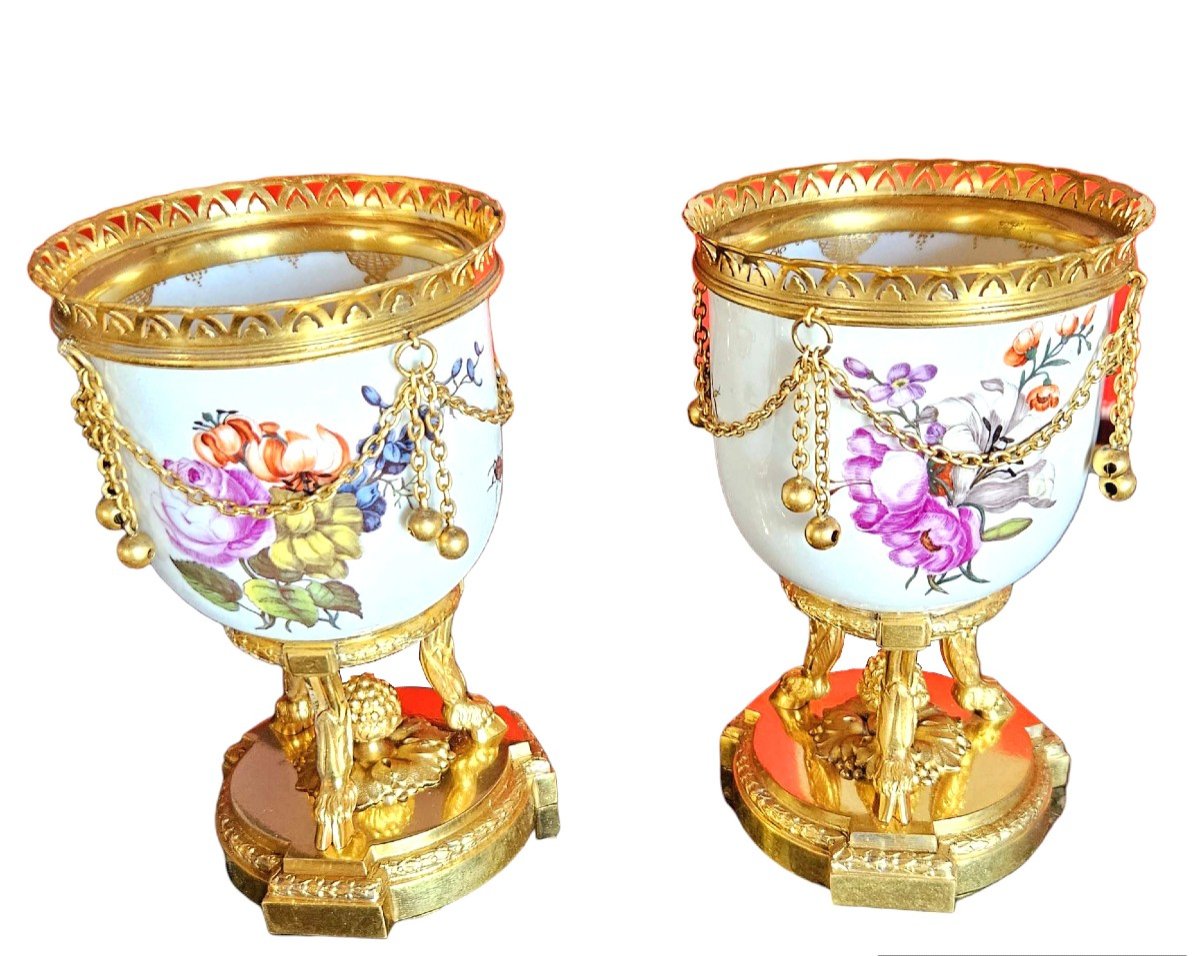 Small Meissen Porcelain Vases Early 19th Century Gilt Bronze Frame Signed Boin-taburet Paris