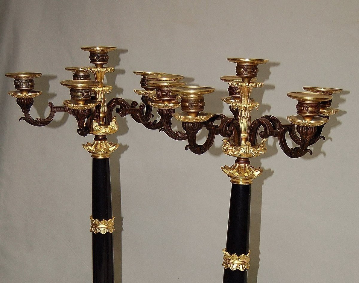 Pair Of Candelabra In Gilt And Patinated Bronze (h 71 Cm)-photo-1