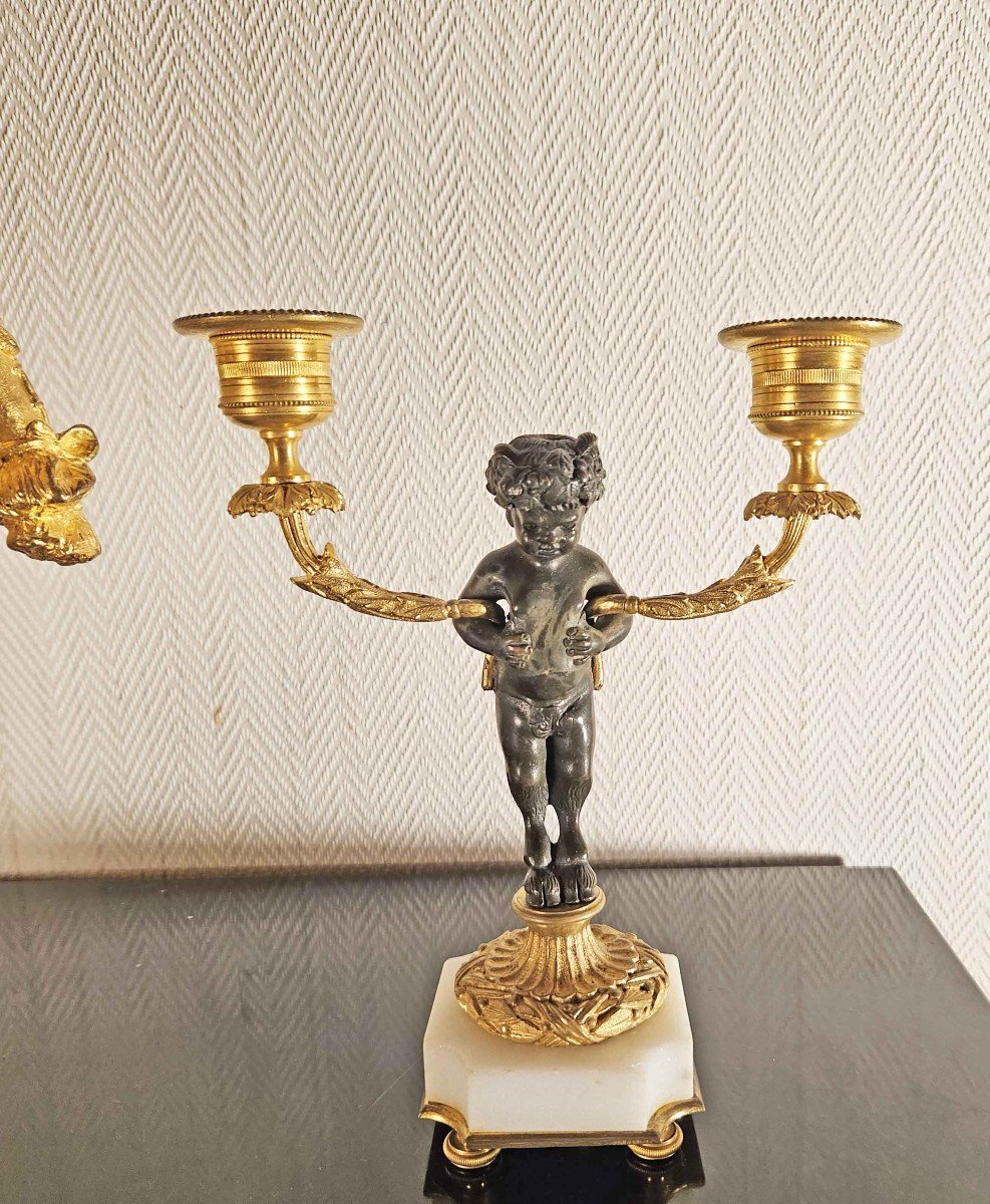 Pair Of Bronze And Marble Faun Candelabras 19th Century-photo-2