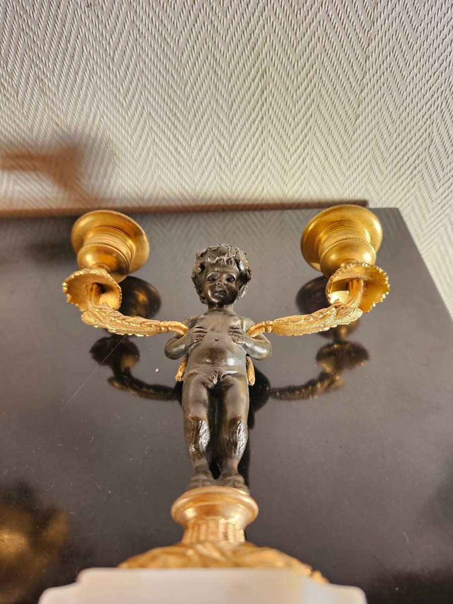 Pair Of Bronze And Marble Faun Candelabras 19th Century-photo-3