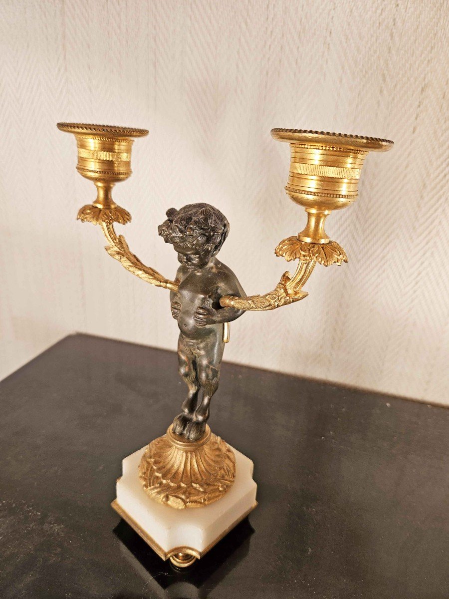 Pair Of Bronze And Marble Faun Candelabras 19th Century-photo-3