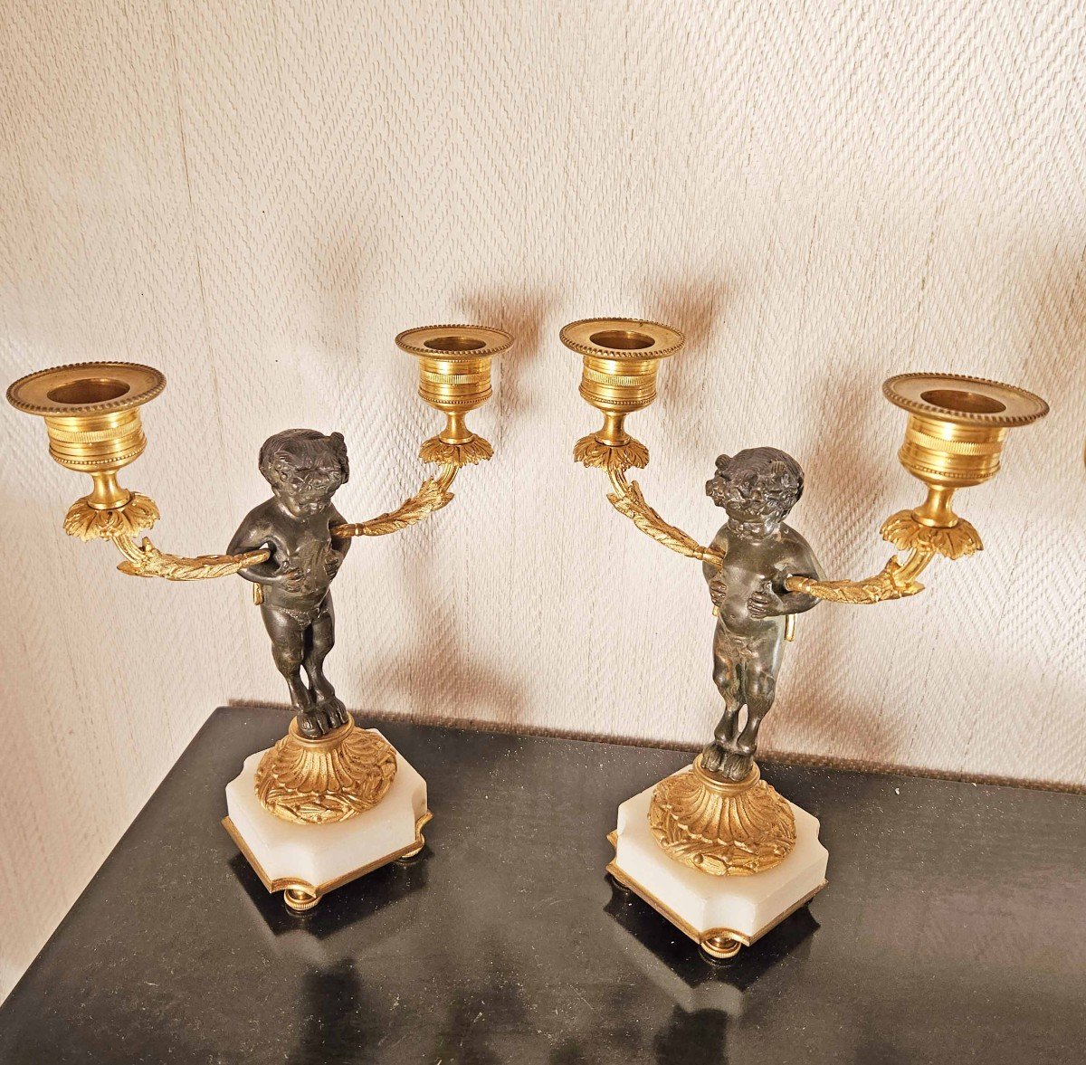 Pair Of Bronze And Marble Faun Candelabras 19th Century-photo-5