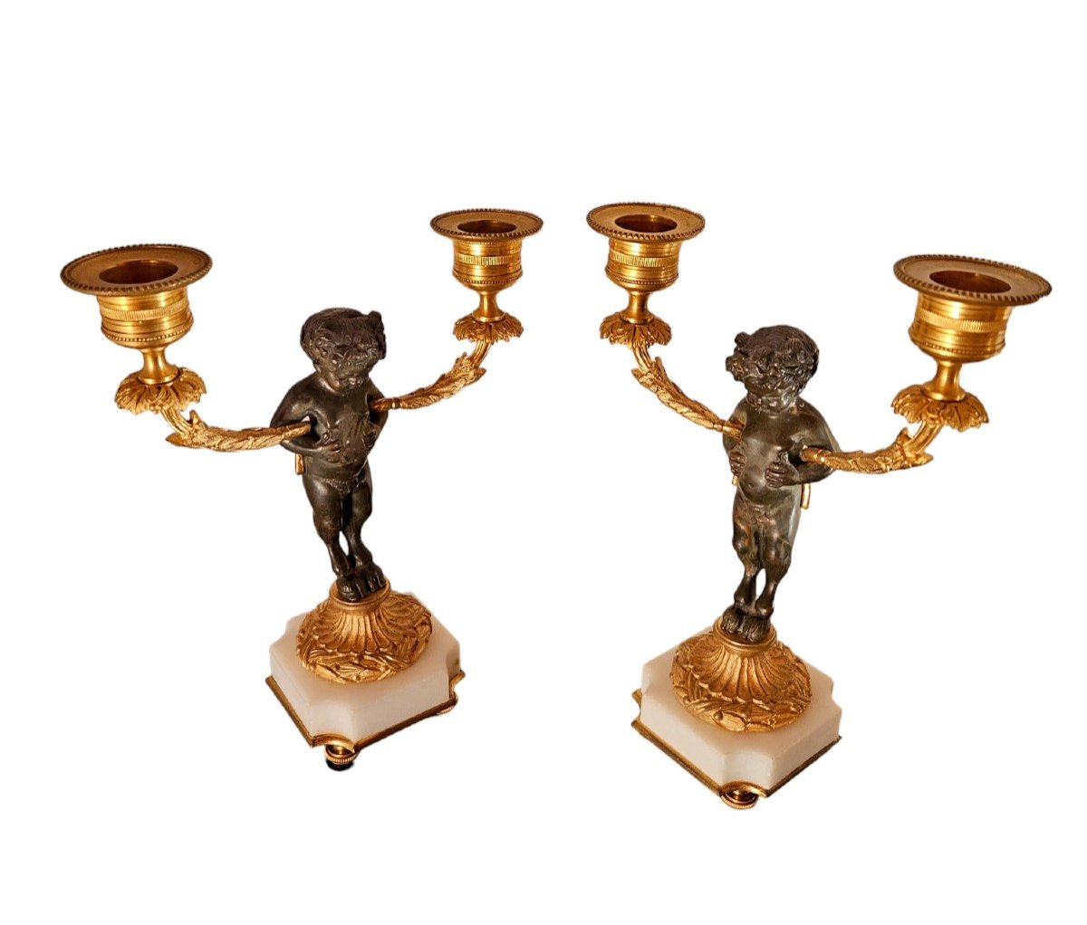 Pair Of Bronze And Marble Faun Candelabras 19th Century