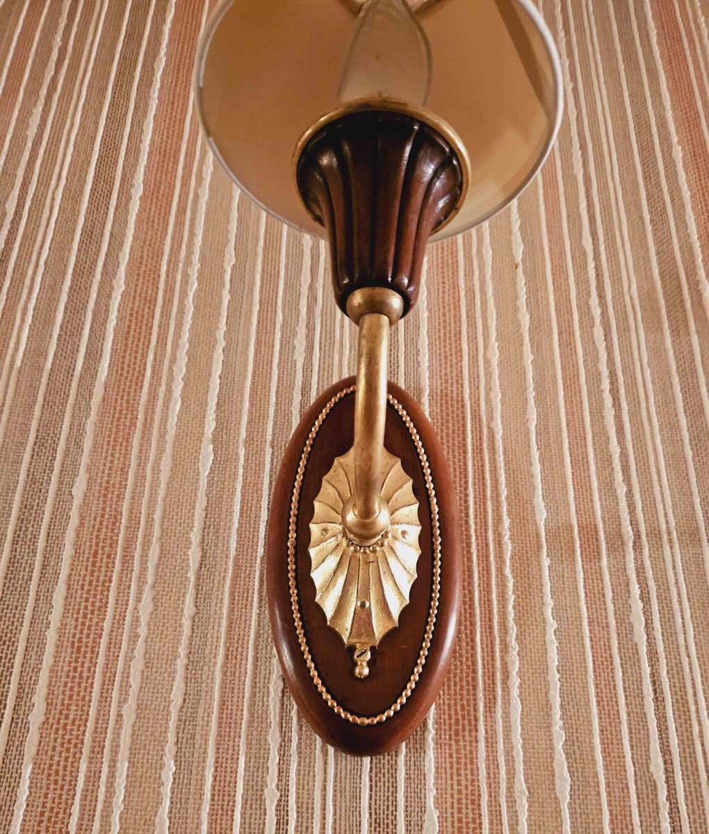 Paul Follot Pair Of Art Deco Sconces 1925 Mahogany And Gilt Bronze-photo-2