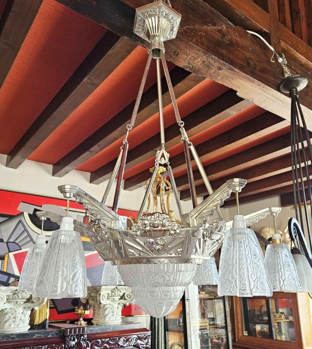 Large Art Deco Chandelier With 7 Lights In Chromed Metal And Frosted Glass-photo-3