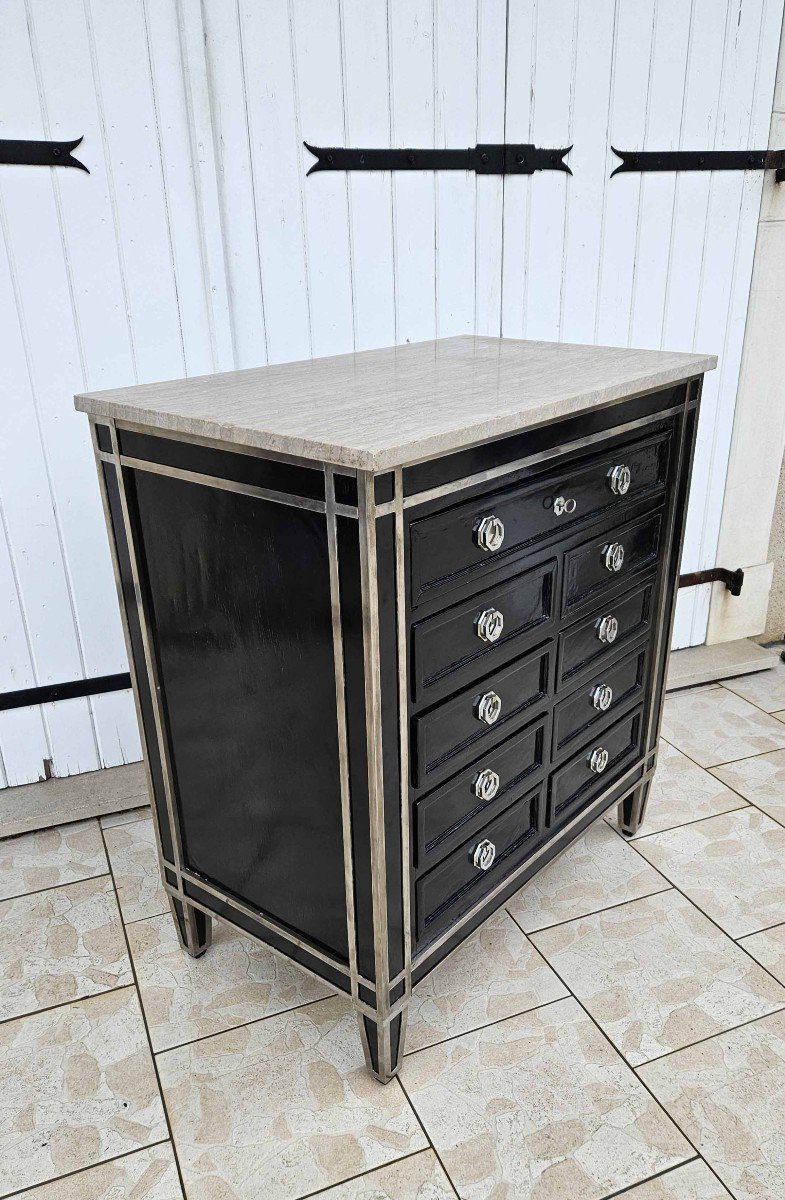 Art Deco Commode With 9 Drawers In Lacquer And Nickel-plated Bronze-photo-3