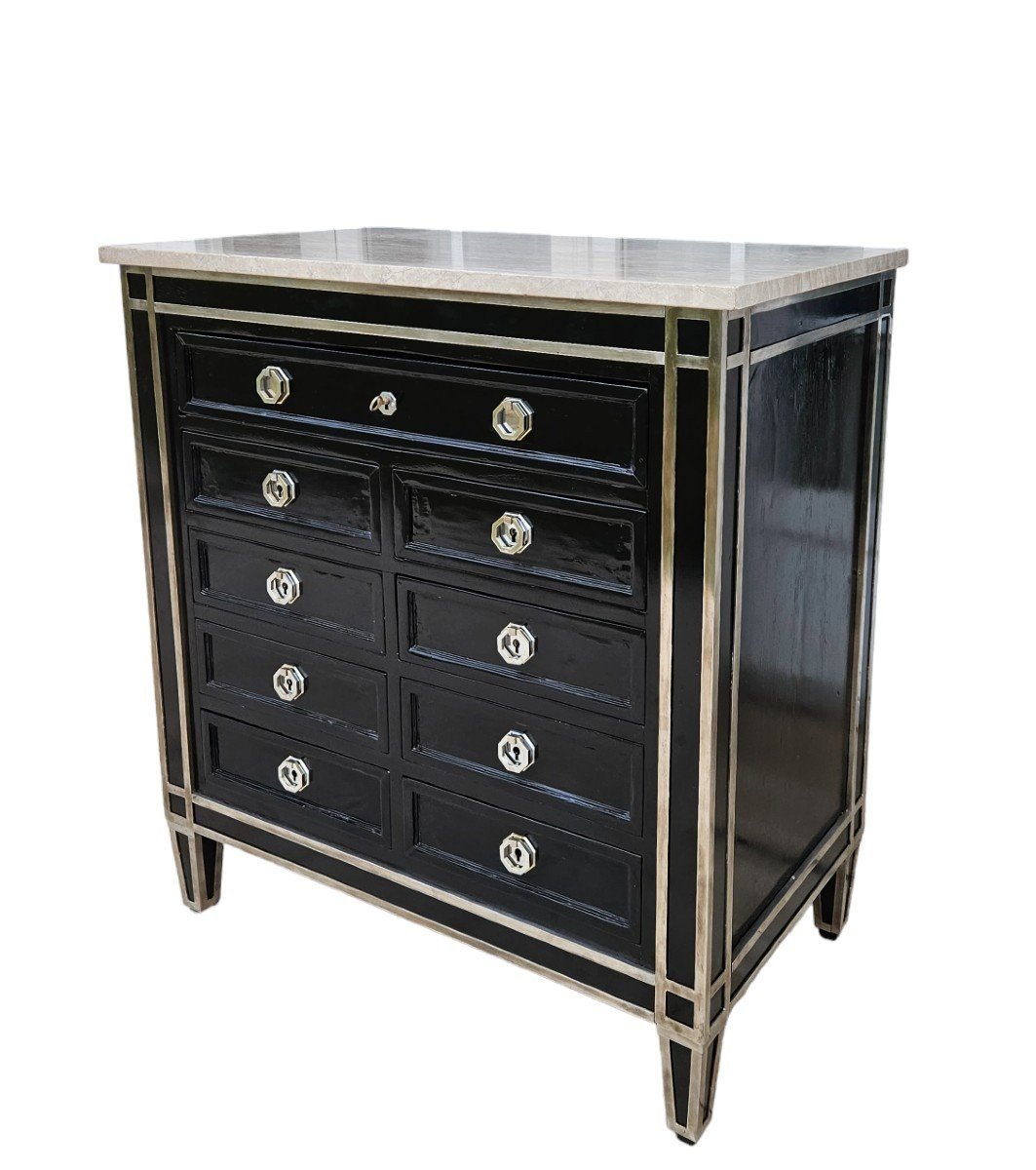 Art Deco Commode With 9 Drawers In Lacquer And Nickel-plated Bronze