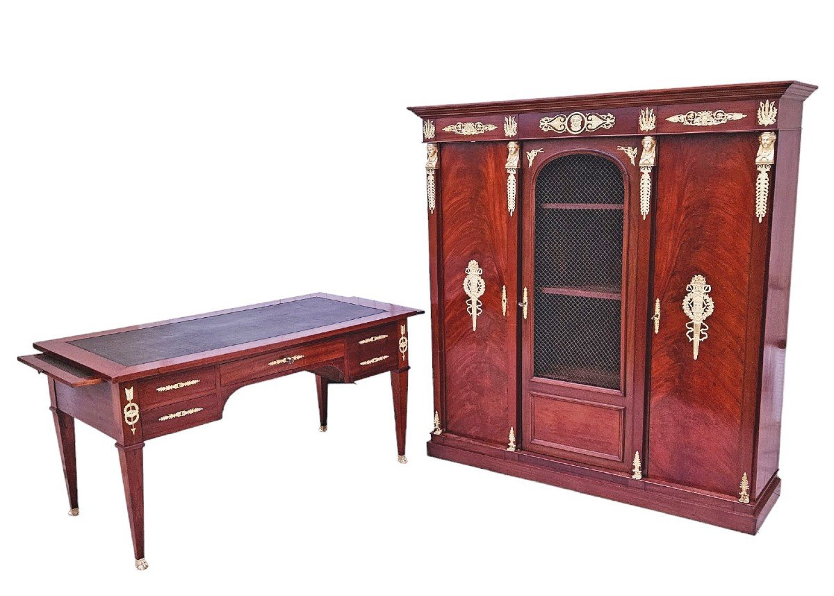 Mahogany And Gilt Bronze Empire Desk And Library 19th Century