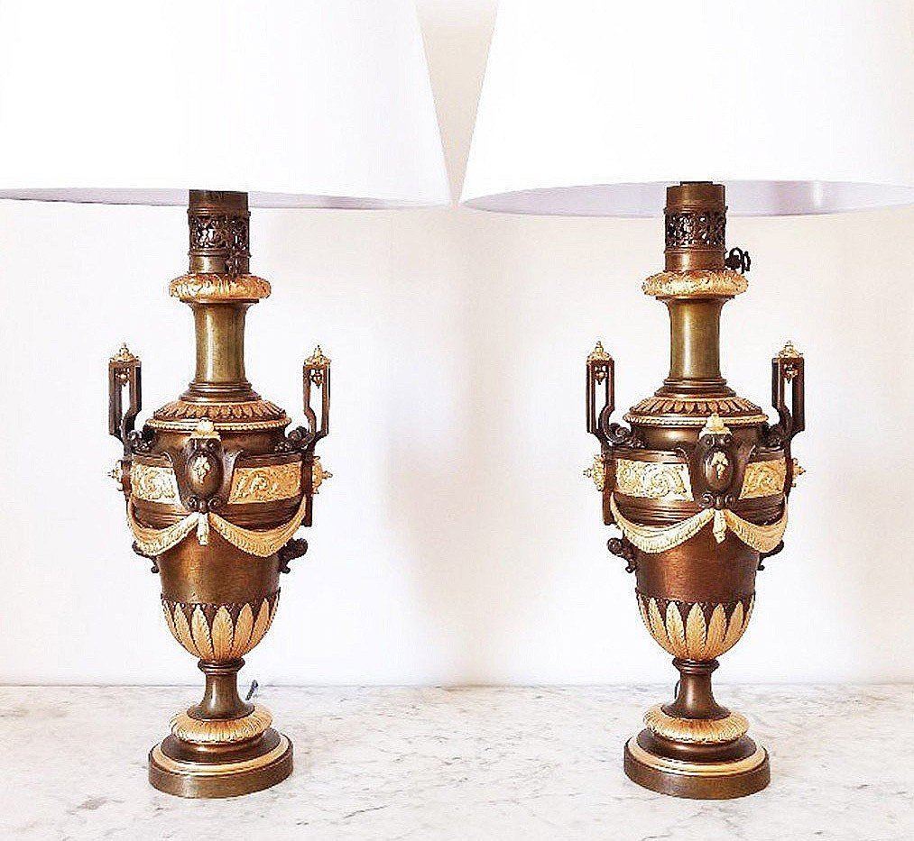 Important Pair Of Antique Lamps, Bronze 19th Century