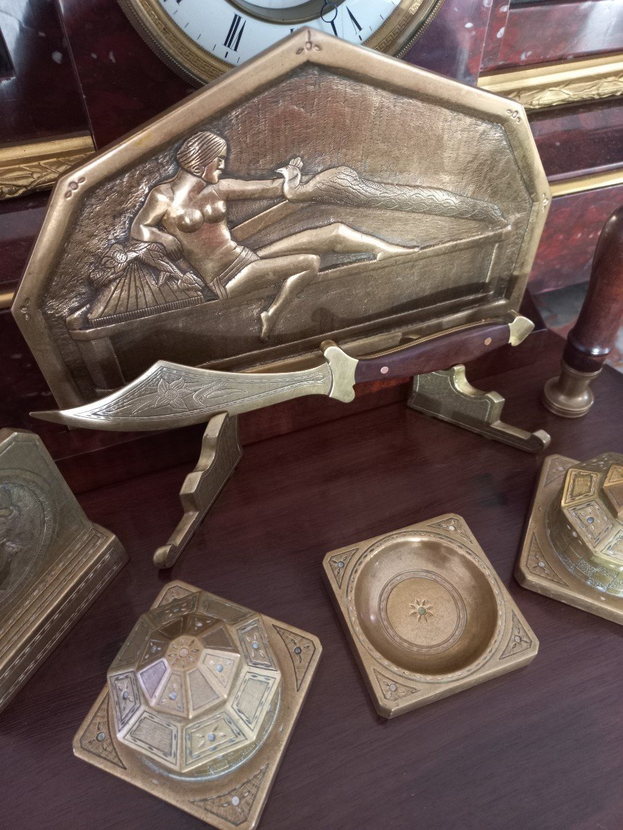 Art Deco Writing Desk In Bronze And Exotic Wood-photo-4