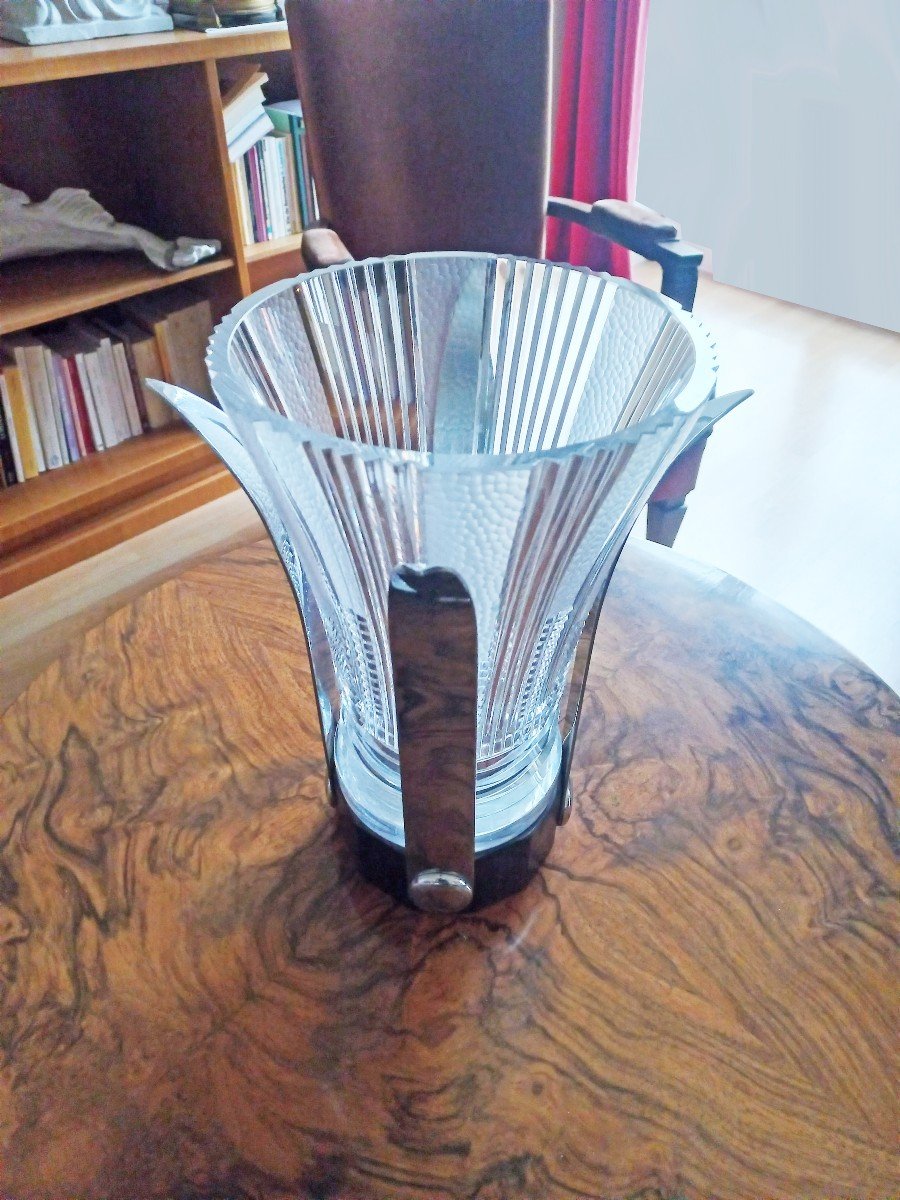 Grd Vase Art Déco En Cristal Taillé, Laiton Chrome Et ébène De Macassar-photo-2