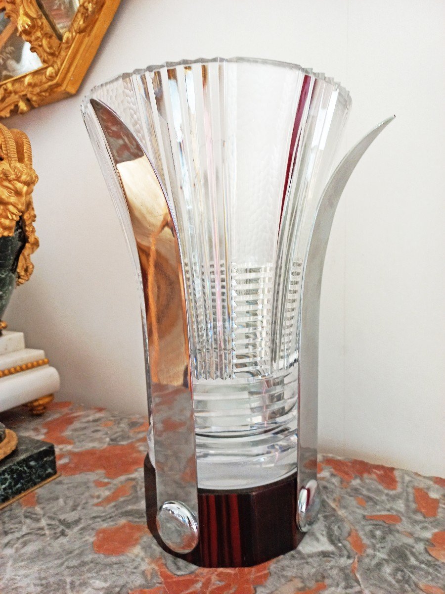 Grd Vase Art Déco En Cristal Taillé, Laiton Chrome Et ébène De Macassar