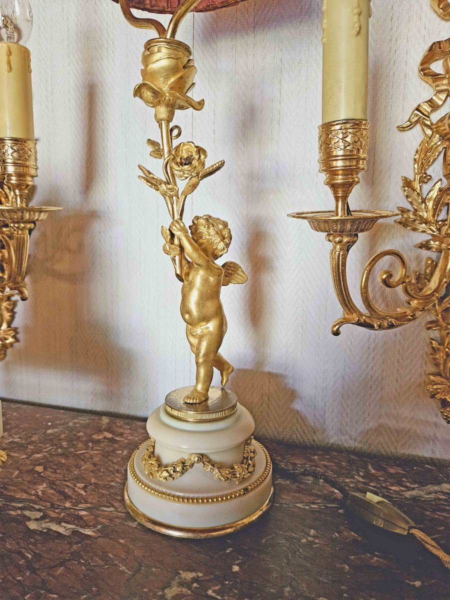 Lampe bronze doré et marbre "au chérubin"-photo-3
