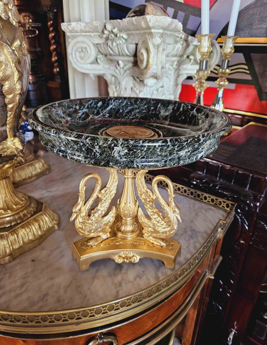 Empire Green Marble And Gilt Bronze “swan” Centerpiece