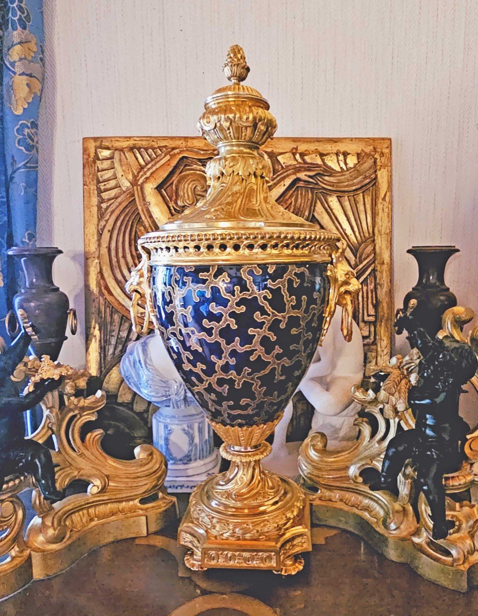 Grand Vase Pot Pourri Porcelaine Bleu De Sèvres Bronze Doré XIXème