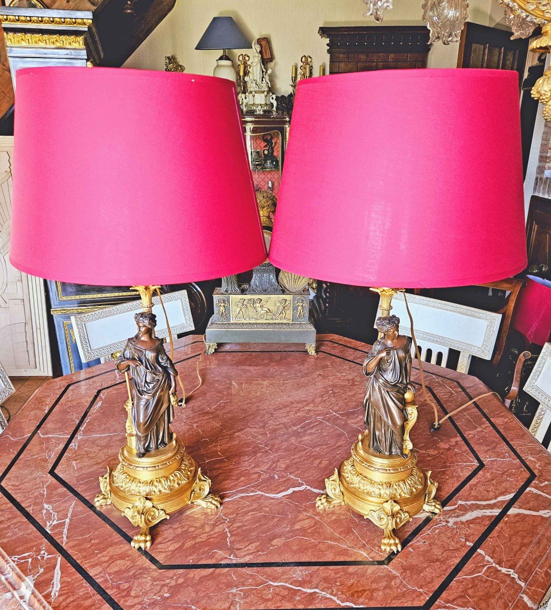 Henri Picard Pair Of Gilt And Patinated Bronze “aux Vestales” Lamps Signed-photo-4