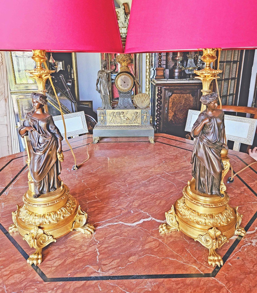 Henri Picard Pair Of Gilt And Patinated Bronze “aux Vestales” Lamps Signed