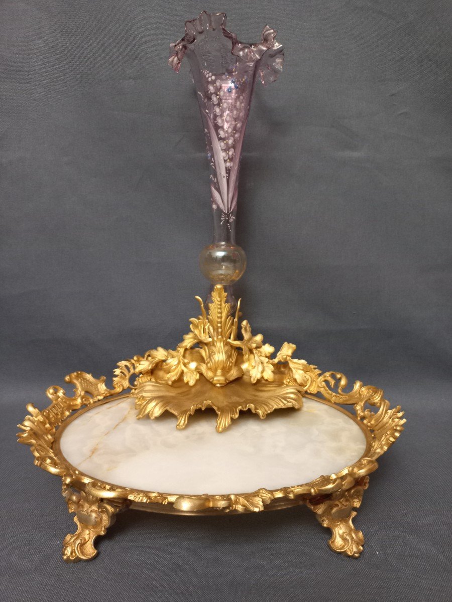 Important Centerpiece In Gilded Bronze And Enameled Glass-photo-4